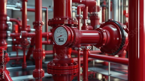 Red Industrial Pipe System with Gauge and Valves