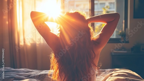 Back view of a woman stretching in bed with her arms raised after waking up Sunlight through the window creates a warm glow on her face and hair Generative AI