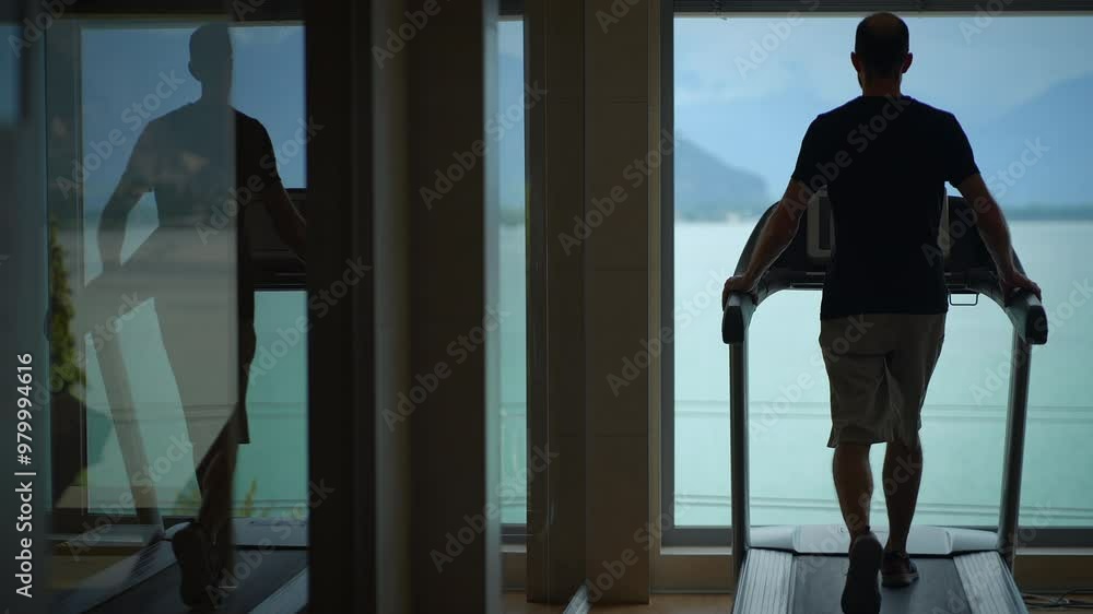 A man is actively exercising on a treadmill while enjoying a beautiful and scenic view A man is actively exercising on a treadmill while enjoying a beautiful and scenic view