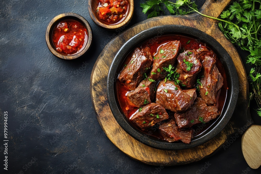 Top view of a rustic table with fresh beef tongue appetizer and hot sauce copy space Top view of a rustic table with fresh beef tongue appetizer and hot sauce copy space