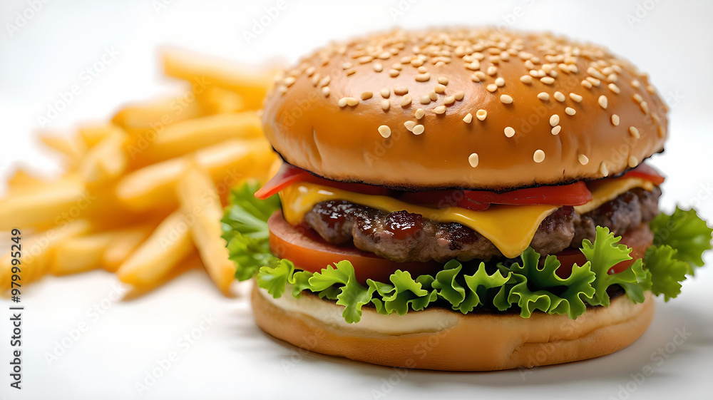 Hamburger with French fries. Hamburger with French fries.