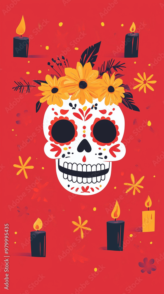 Illustration of colorful sugar skull with marigold flowers and candles. Illustration of colorful sugar skull with marigold flowers and candles.