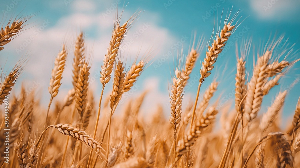 A clear blue sky with fluffy white clouds in the background frames a sharp image of a lush wheat field in focus A clear blue sky with fluffy white clouds in the background frames a sharp image of a lush wheat field in focus