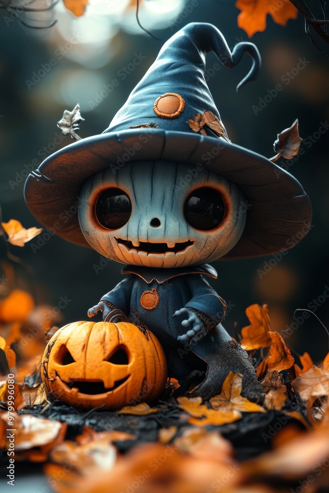 Naklejka premium Adorable Halloween Witch with Pumpkins and Autumn Decorations