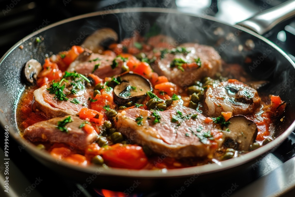 Veal tongue cooked in tomato sauce mushrooms and capers on gas stove French gastronomy Veal tongue cooked in tomato sauce mushrooms and capers on gas stove French gastronomy