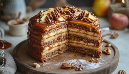 Walnut cake with apple and caramel
