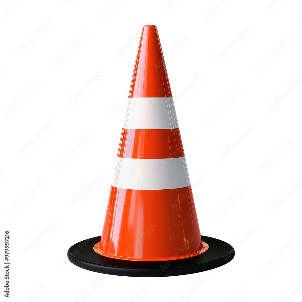 A bright orange traffic cone with white stripes, commonly used for road safety and guiding vehicles in construction zones., isolated on a transparent background. A bright orange traffic cone with white stripes, commonly used for road safety and guiding vehicles in construction zones., isolated on a transparent background.