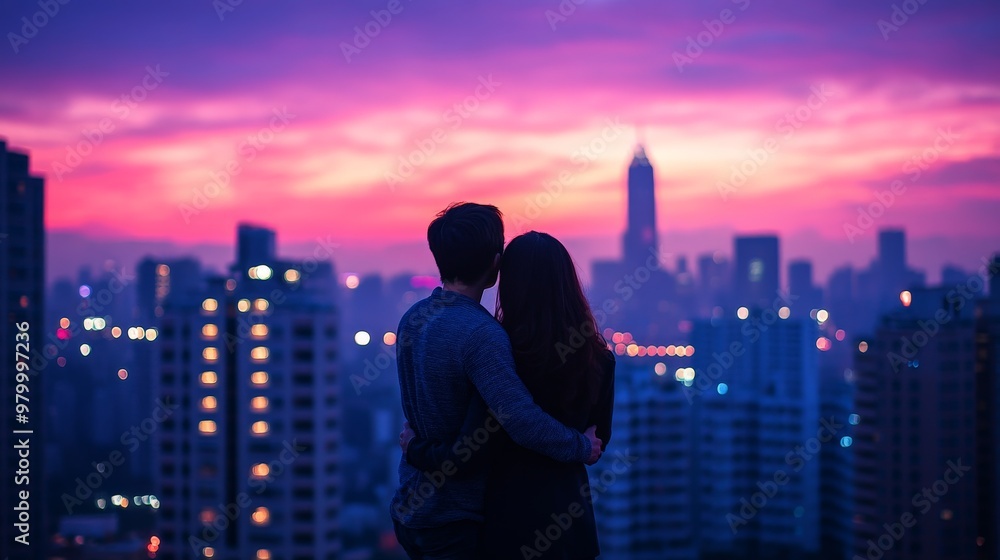 Couple standing on a city rooftop at twilight, overlooking the skyline filled with glowing skyscrapers and twinkling city lights. Couple standing on a city rooftop at twilight, overlooking the skyline filled with glowing skyscrapers and twinkling city lights.