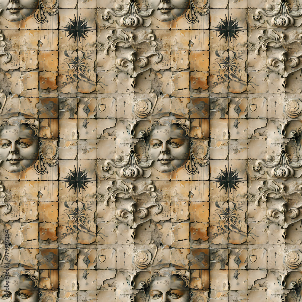 Obraz premium A Tapestry of Ancient Greek Imagery: Mythological Creatures, Celestial Bodies, and Mathematical Formulas Woven into a Vintage Parchment Canvas.