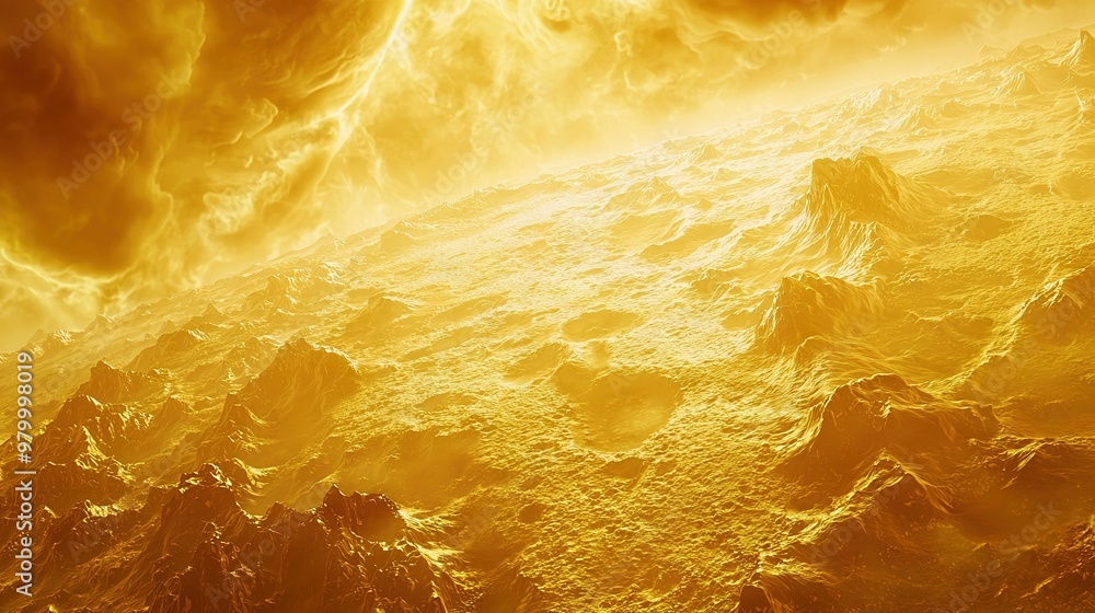 An artist's depiction of a mountain chain under a yellow and orange sun with a substantial amount of smoke billowing from the mountain's summit An artist's depiction of a mountain chain under a yellow and orange sun with a substantial amount of smoke billowing from the mountain's summit