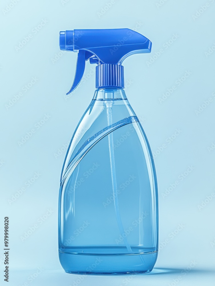 Creative Blue Spray Bottle on Light Blue Background for Cleaning Supplies and Household Products Imagery. Creative Blue Spray Bottle on Light Blue Background for Cleaning Supplies and Household Products Imagery.