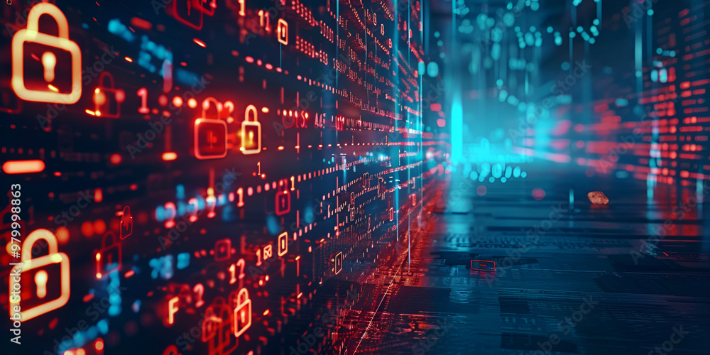 Obraz premium Cybersecurity with Digital Lock Icons, Data Protection in High-Tech System