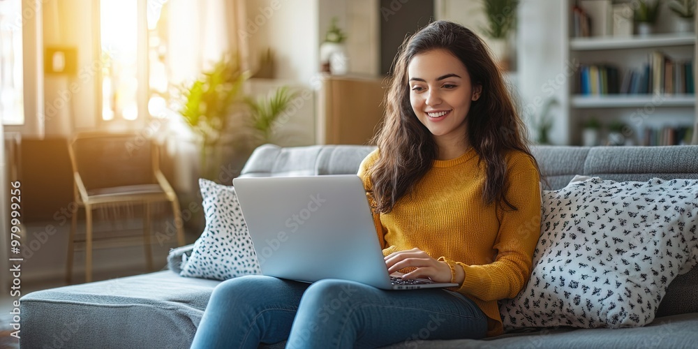 friendly young woman using laptop computer, sitting on living room couch friendly young woman using laptop computer, sitting on living room couch
