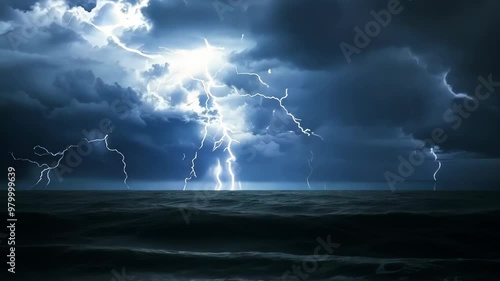 Intense lightning storm over the ocean captured during a dramatic night in late summer photo