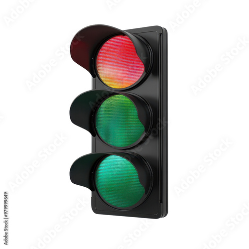 A vivid traffic light displaying red and green signals, symbolizing road safety and vehicle management.