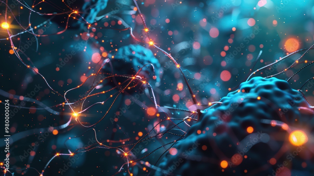Close-up of a neuron with glowing synapses, depicting neural connections and brain activity Close-up of a neuron with glowing synapses, depicting neural connections and brain activity