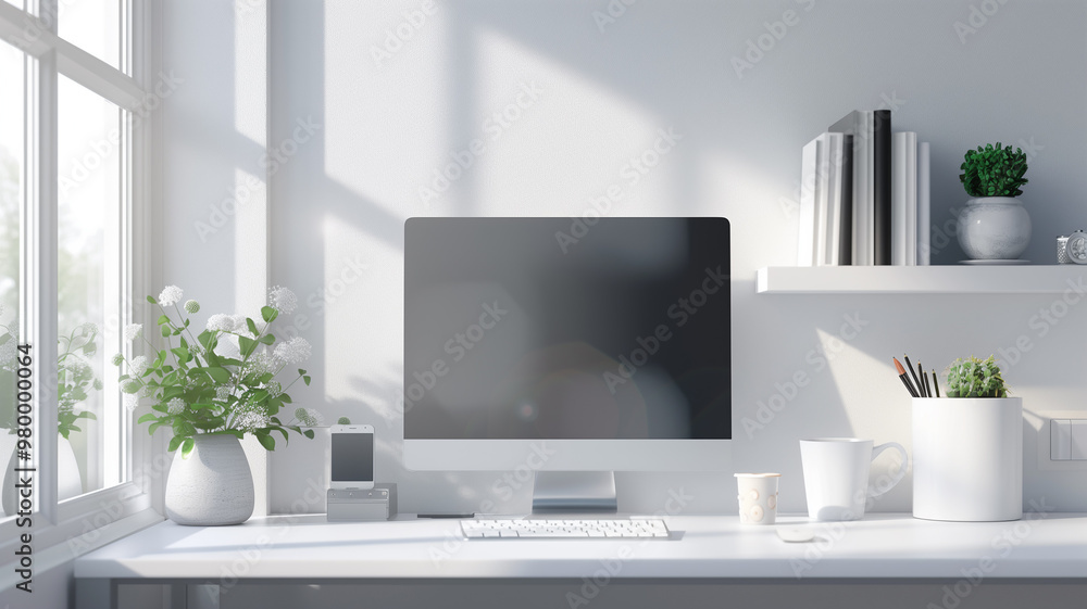 A cozy home office workspace with a wooden desk, computer, and various houseplants. The natural light streaming through the window creates a warm and inviting atmosphere. A cozy home office workspace with a wooden desk, computer, and various houseplants. The natural light streaming through the window creates a warm and inviting atmosphere.
