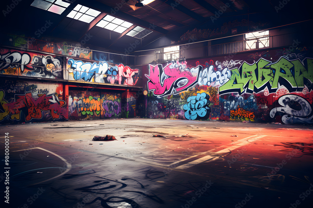 Φωτογραφία grafitti indoor skate area, skatepark skate hall with a lot of grafiti