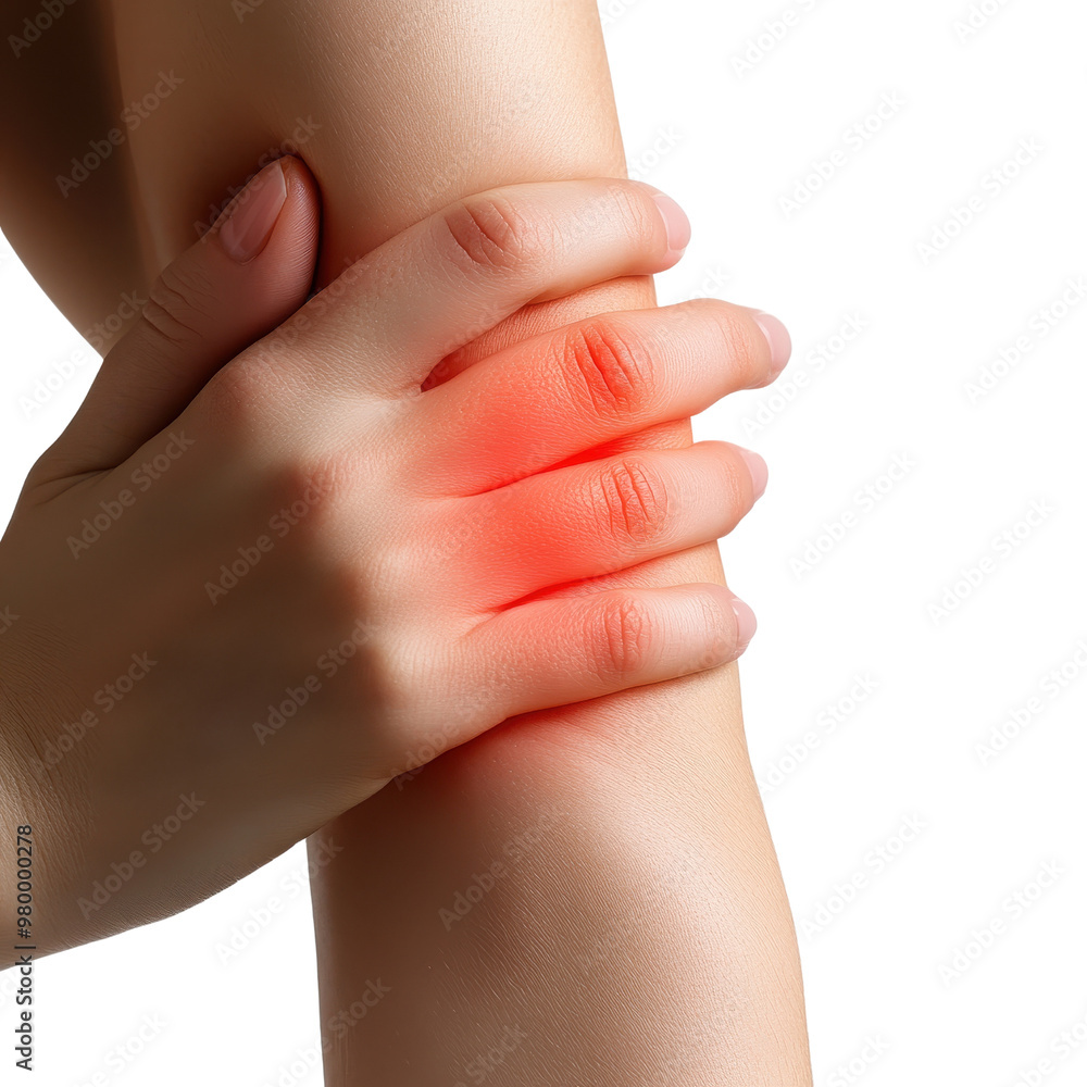 Close-up of a hand holding a knee, indicating pain or discomfort, on a dark background, emphasizing health and wellness., isolated on a transparent background. Close-up of a hand holding a knee, indicating pain or discomfort, on a dark background, emphasizing health and wellness., isolated on a transparent background.