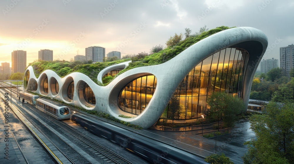 Obraz premium Creative Futuristic Eco-Friendly Building with Organic Design and Urban Integration at Sunset.