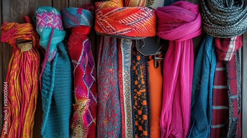 A close-up of a collection of colorful scarves and belts laid out on a wooden surface