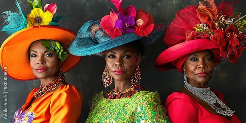 Three vibrant ladies in bold hats and colorful outfits 