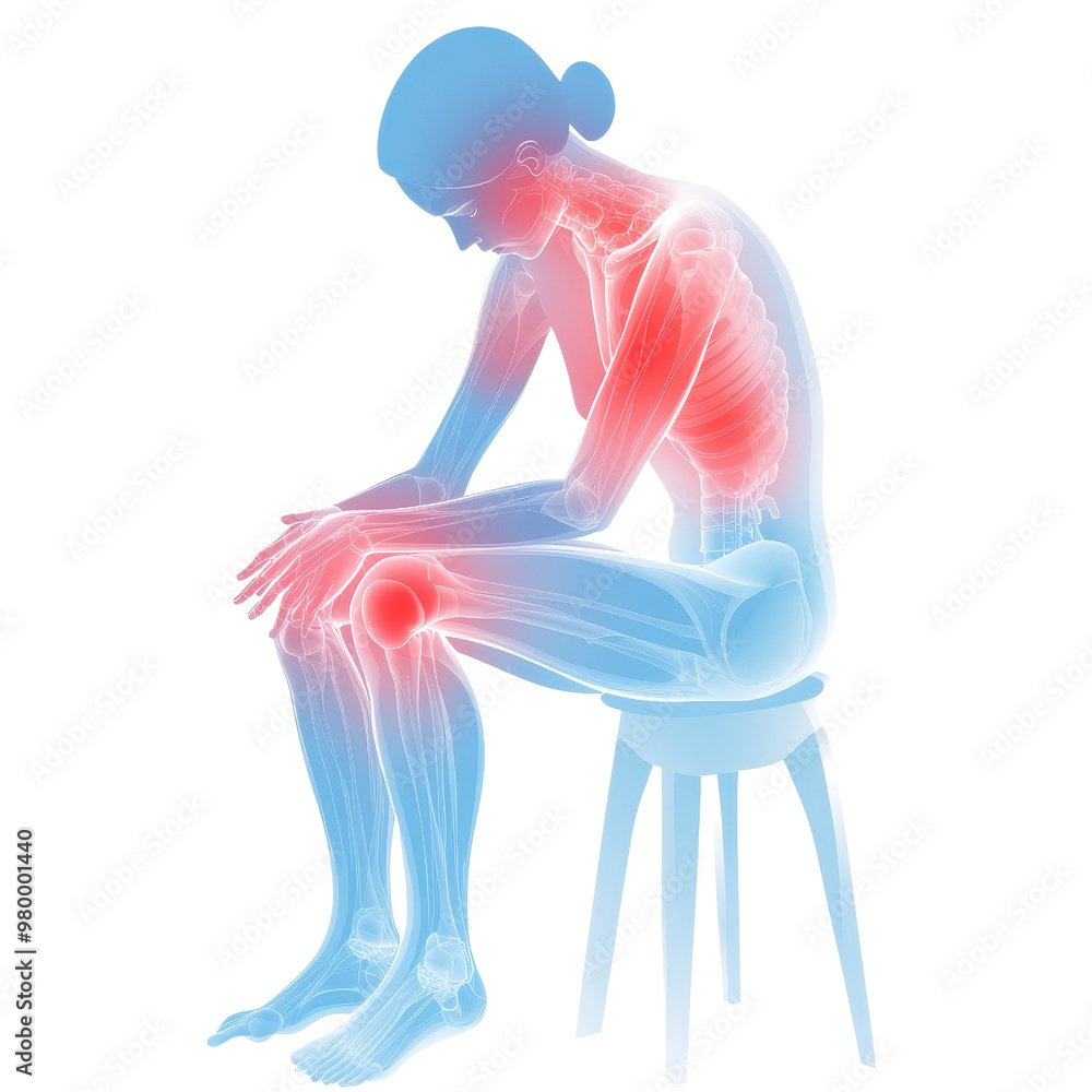 Obraz premium Human figure illustrating joint pain, highlighting areas of discomfort with a vivid red glow against a blue background., isolated on a transparent background.
