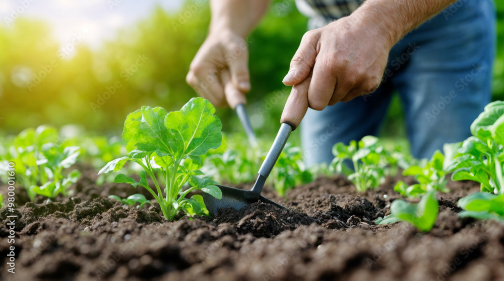 Hands carefully cultivate young green plants in fertile soil under warm, golden sunlight on a sunny day Hands carefully cultivate young green plants in fertile soil under warm, golden sunlight on a sunny day