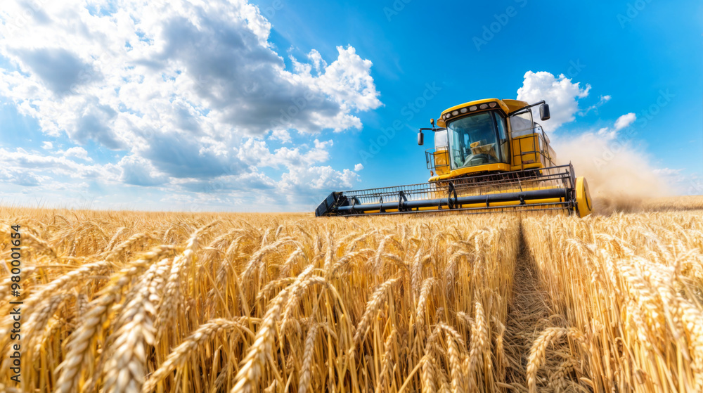 Obraz premium A combine harvester works efficiently in a vast golden wheat field, creating dust clouds beneath a blue sky filled with fluffy white clouds