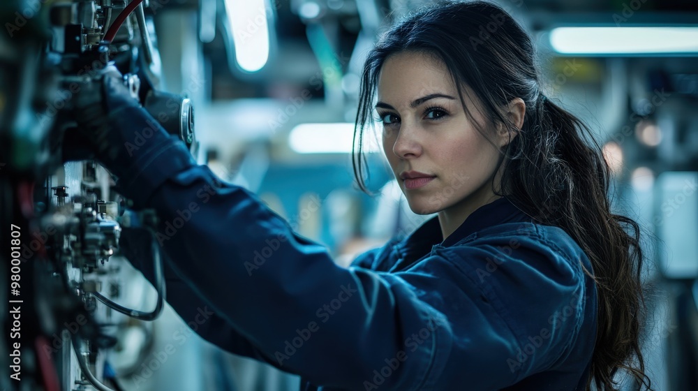 In a naval engine room, a woman works diligently on equipment maintenance, showcasing her technical expertise and concentration on intricate machinery In a naval engine room, a woman works diligently on equipment maintenance, showcasing her technical expertise and concentration on intricate machinery