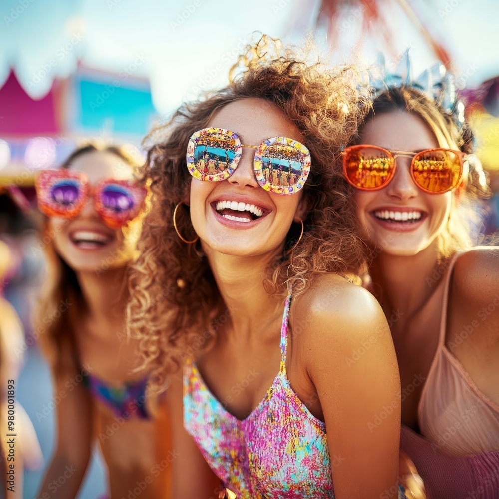 Fun-loving Gemini woman with friends at a carnival, capturing her social and playful personality Fun-loving Gemini woman with friends at a carnival, capturing her social and playful personality