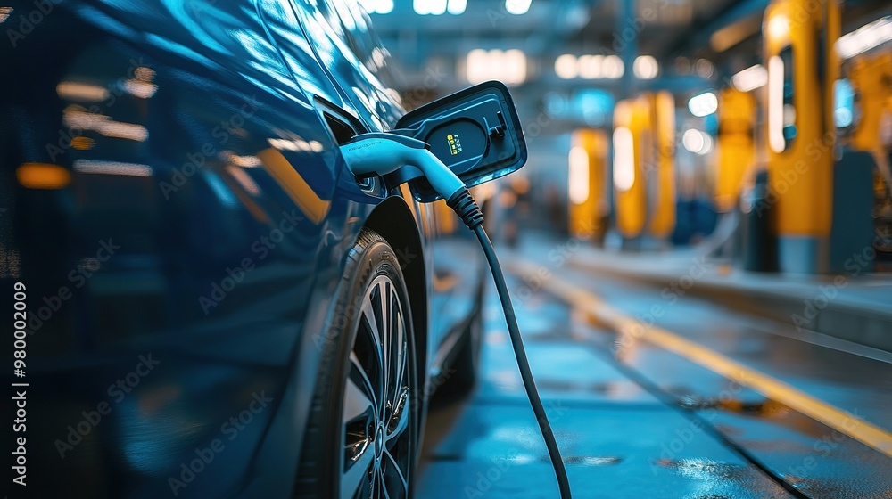 A close-up of an electric car charging port and cable connected to a charging unit A close-up of an electric car charging port and cable connected to a charging unit