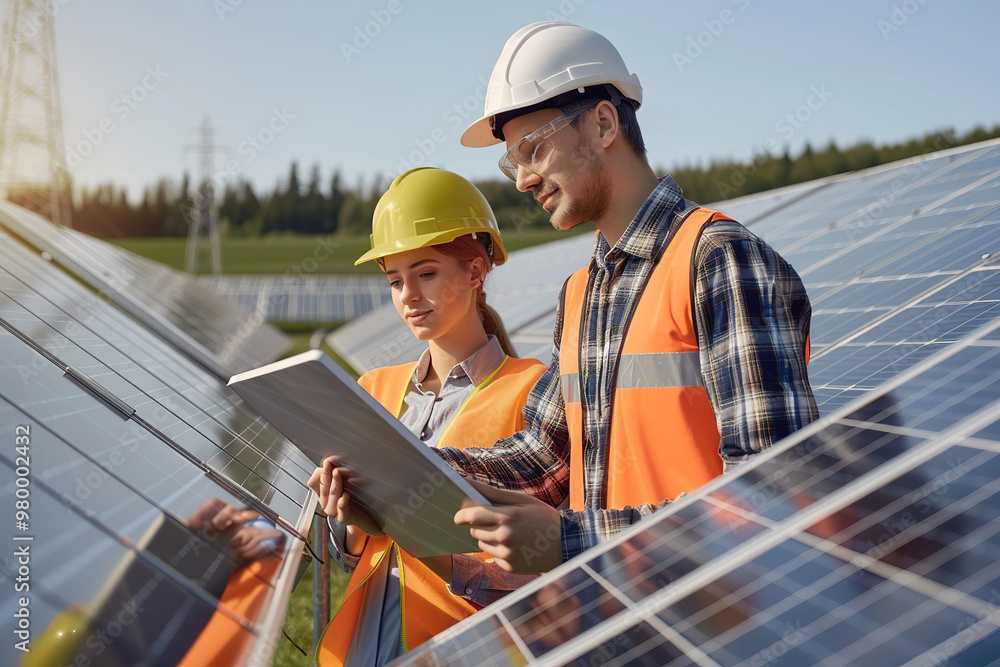Two men in orange safety gear are working on a solar panel., Two men in orange safety gear are working on a solar panel.,