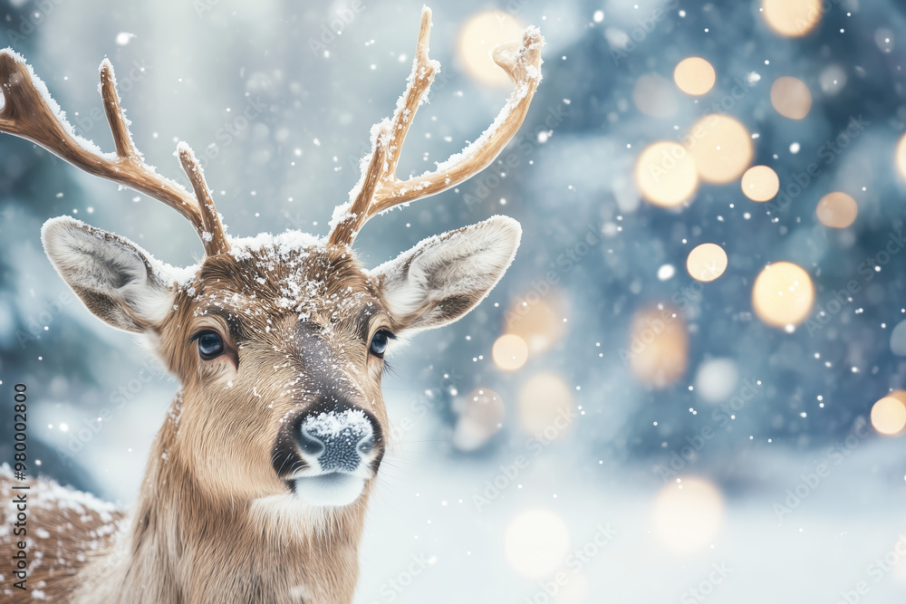 Beautiful young reindeer close up detail standing in snowy landscape with Christmas trees decorated with glowing lights in bokeh background. Beautiful young reindeer close up detail standing in snowy landscape with Christmas trees decorated with glowing lights in bokeh background.