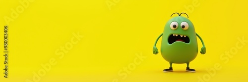 A cute, startled green monster stands against a vibrant yellow background, perfect for children's media, gaming, or playful marketing campaigns.