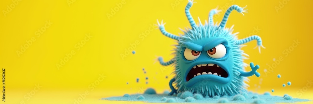 Obraz premium A playful and colorful cartoon character resembling a virus, exuding a mischievous yet angry vibe, perfect for educational or health-related projects.