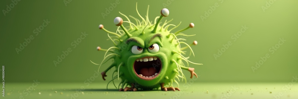 A playful, cartoonish green germ character with a fierce expression, ideal for health-related graphics, educational content, or humorous designs. A playful, cartoonish green germ character with a fierce expression, ideal for health-related graphics, educational content, or humorous designs.