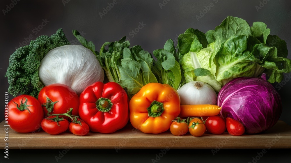 A group of vegetables are arranged on a wooden table, AI A group of vegetables are arranged on a wooden table, AI