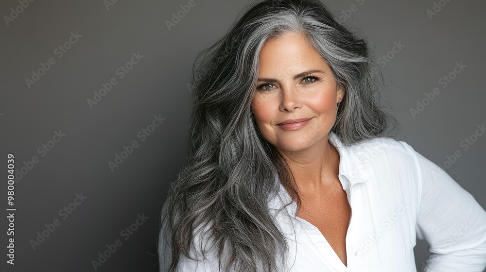 Elegant Older Woman with Short Silver Hair Smiling in a Classic White Shirt Elegant Older Woman with Short Silver Hair Smiling in a Classic White Shirt