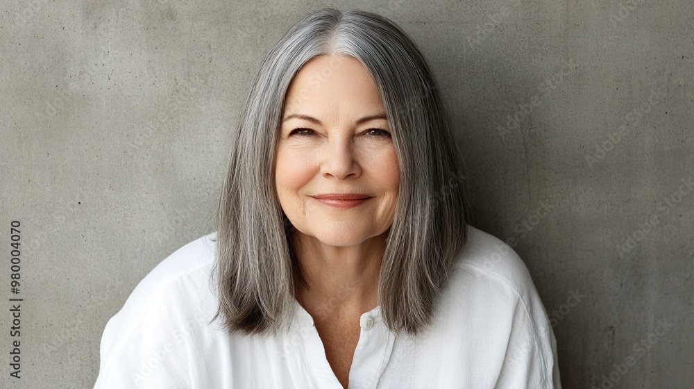 Elegant Senior Woman with Gray Hair Smiling Confidently in Classic White Blouse Elegant Senior Woman with Gray Hair Smiling Confidently in Classic White Blouse