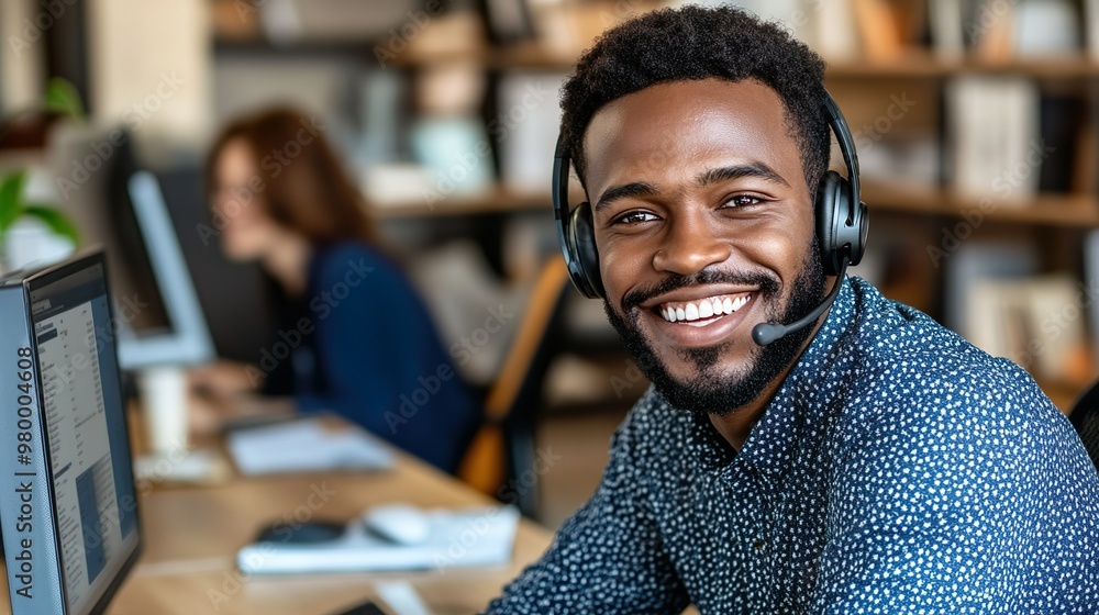Foto de Friendly Customer Service Representative Smiling While Working ...