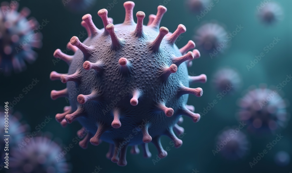 Fototapeta premium Vibrant close-up of a virus, emphasizing its structure and detail. Ideal for healthcare, science, and educational materials related to virology and infectious diseases.