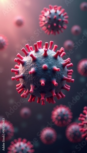 Close-up view of a virus with a detailed, colorful representation. Ideal for healthcare, science, and educational contexts.