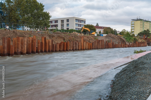 Flood walls in river basin of Svratka, Brno, Czech republic, floods after storm Boris, sidewalk under water,  September 15, 2024.