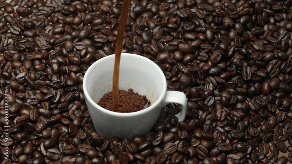 Fototapeta premium Freshly espresso was poured in white cup with pile of coffee bean. Pouring black coffee in the cup with brown background and seed scattering around on wooden table. Close up. Top view. Comestible.
