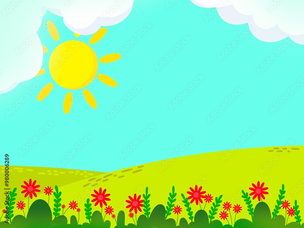 Cartoon forest background. Sun rays falling on the glade with flowers and trees. Beautiful nature landscape concept for banner, camping, magical forest. Summer or spring scene. Vector illustration Cartoon forest background. Sun rays falling on the glade with flowers and trees. Beautiful nature landscape concept for banner, camping, magical forest. Summer or spring scene. Vector illustration