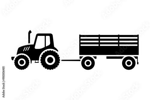 Farm tractor with trailer icon. Black silhouette. Side view. Vector simple flat graphic illustration. Isolated object on white background. Isolate.