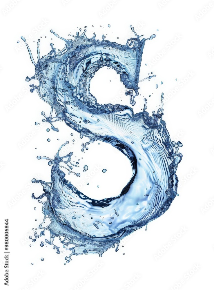 A stunning blue splash of water takes the shape of the letter S, showcasing dynamic movement and freshness against a clean white backdrop, evoking a sense of vitality and energy A stunning blue splash of water takes the shape of the letter S, showcasing dynamic movement and freshness against a clean white backdrop, evoking a sense of vitality and energy