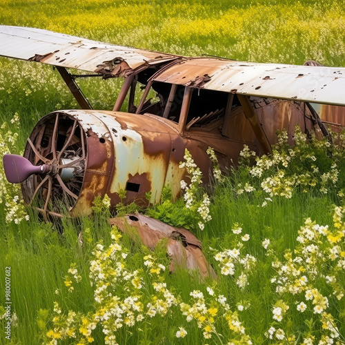 Old rusty abandoned crashed plane in meadow with flowers on bright summer day photo