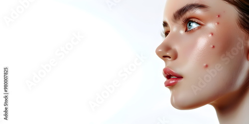 Close-up of a girl's face in a profle with red pimples on her skin. Acne therapy, inflammation on the face and problem skin. Facial care, skin care routine and hygiene. Rosacea and couperose. Cosmetic